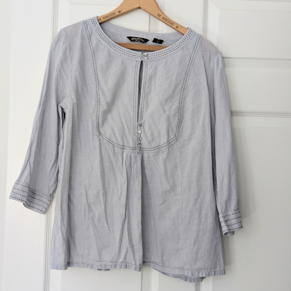 Eddie Bauer Sheer Cotton Blue Striped Embroidered Slash Placket Blouse XL Tall